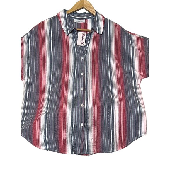 NWT Keren Hart Womens Striped Short Sleeve Shirt Large Red/Blue Cotton Button - Picture 1 of 16